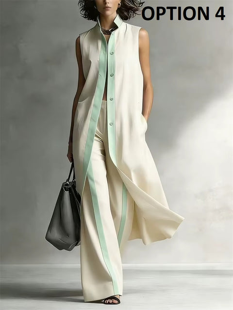 New Contrast Sleeveless Long Shirt + Wide Leg Pants Set CODE: KAR5281