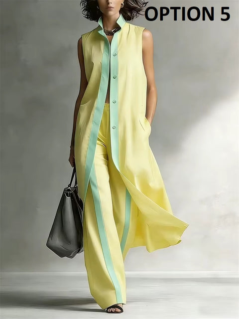 New Contrast Sleeveless Long Shirt + Wide Leg Pants Set CODE: KAR5281