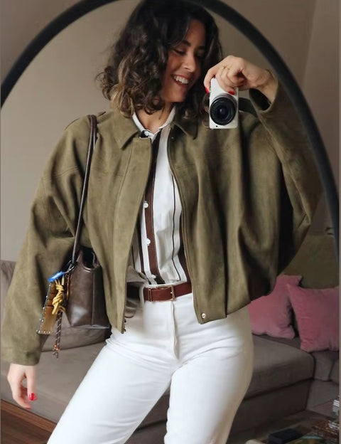 New Fashion Lapel Long Sleeve Zipper Suede Jacket CODE: KAR5282