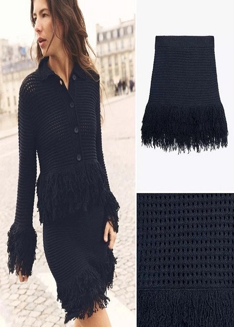 New Tassel Embellishment Lapel Long Sleeved Knitted Cardigan Skirt Set CODE: KAR5284