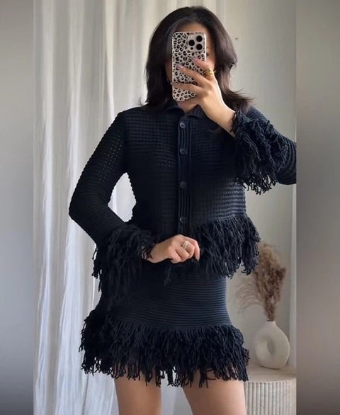 New Tassel Embellishment Lapel Long Sleeved Knitted Cardigan Skirt Set CODE: KAR5284