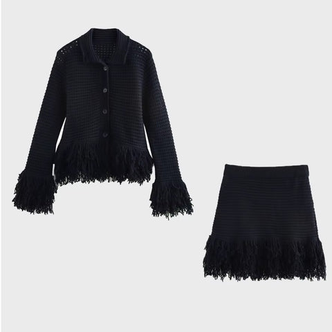 New Tassel Embellishment Lapel Long Sleeved Knitted Cardigan Skirt Set CODE: KAR5284
