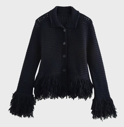 New Tassel Embellishment Lapel Long Sleeved Knitted Cardigan Skirt Set CODE: KAR5284