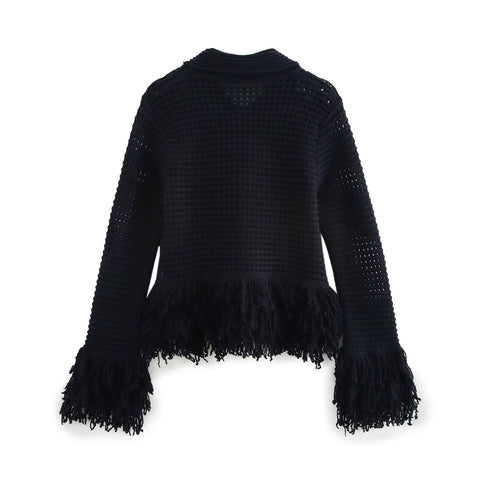 New Tassel Embellishment Lapel Long Sleeved Knitted Cardigan Skirt Set CODE: KAR5284