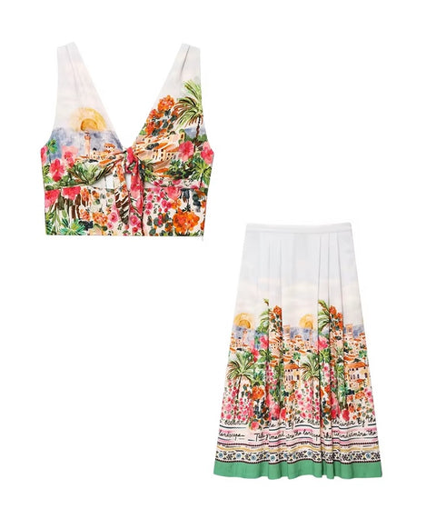 New printed bow, v-neck halter top or pleated skirt set CODE: KAR5293