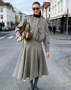 New Single Breasted Plaid Pilot Jacket+Side Zipper Splicing Pleated Skirt Suit Set CODE: KAR5318