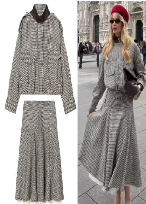 New Single Breasted Plaid Pilot Jacket+Side Zipper Splicing Pleated Skirt Suit Set CODE: KAR5318
