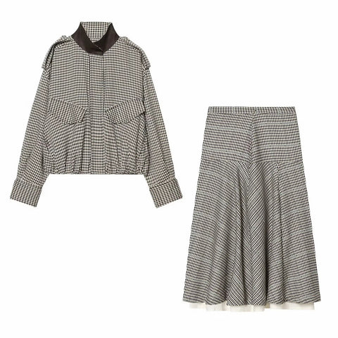 New Single Breasted Plaid Pilot Jacket+Side Zipper Splicing Pleated Skirt Suit Set CODE: KAR5318
