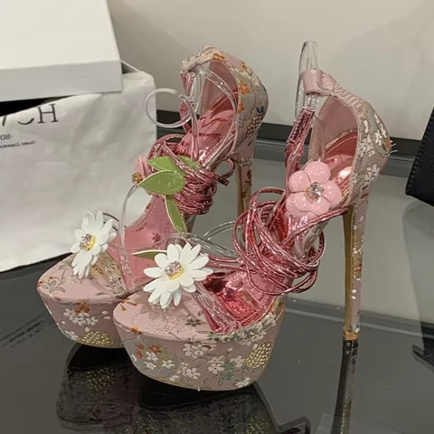 New Flower Pvc Ankle Cross Straps Vacation Party High Heels CODE: KAR5325