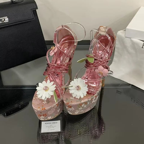 New Flower Pvc Ankle Cross Straps Vacation Party High Heels CODE: KAR5325