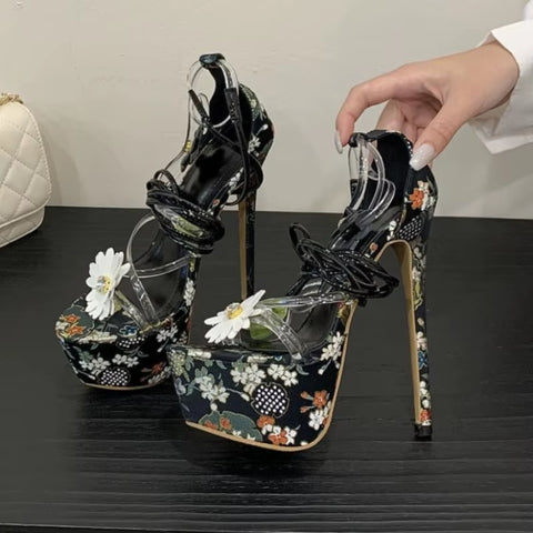 New Flower Pvc Ankle Cross Straps Vacation Party High Heels CODE: KAR5325