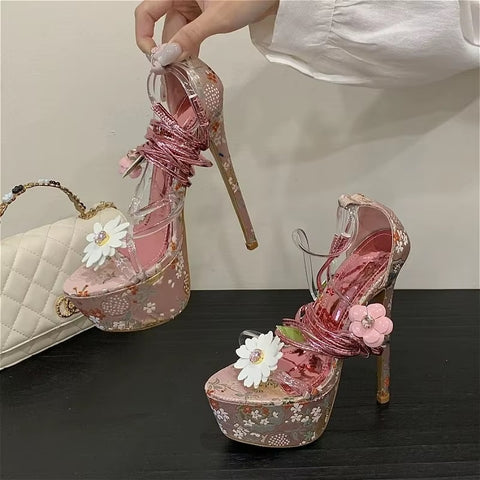 New Flower Pvc Ankle Cross Straps Vacation Party High Heels CODE: KAR5325