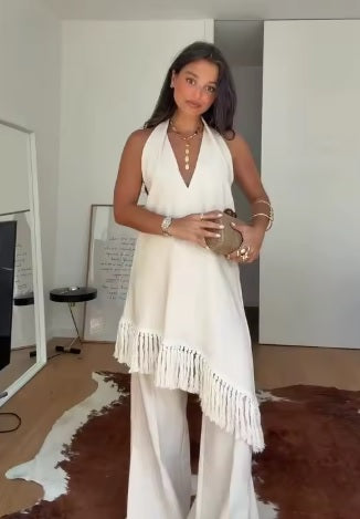 New Fashion Solid Tassel Decoration Sleeveless Halter Loose Street Pants Set CODE: KAR5336