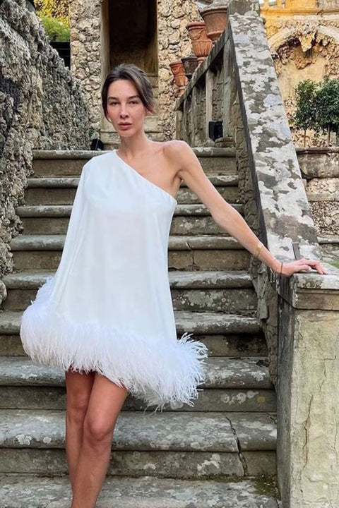 One Shoulder Fluffy Feather Hem Batwing Sleeve Loose Dress CODE: KAR5416