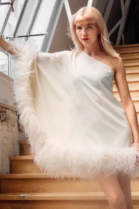 One Shoulder Fluffy Feather Hem Batwing Sleeve Loose Dress CODE: KAR5416
