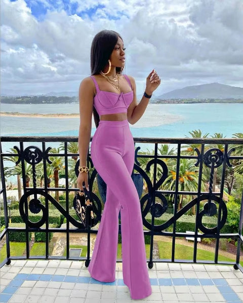 Two-piece Set Sleeveless Tight Short Top & High Waist Flared Trousers Pants Set CODE: KAR980
