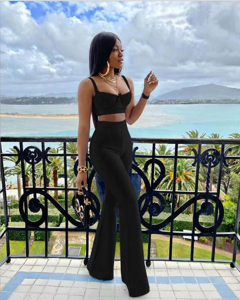 Two-piece Set Sleeveless Tight Short Top & High Waist Flared Trousers Pants Set CODE: KAR980