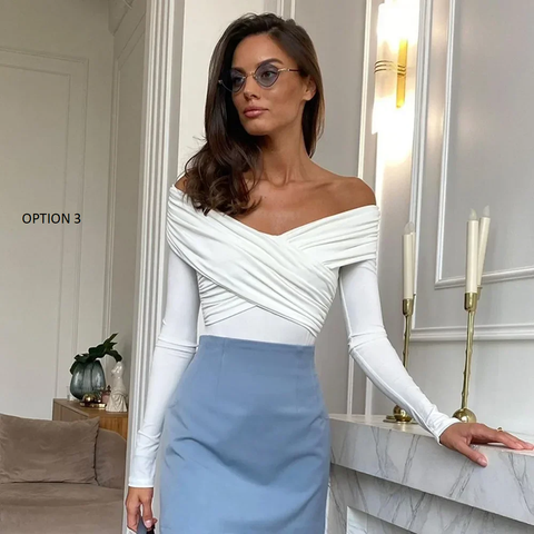 New Fashion V-Neck Off-Shoulder Spice Slim Splicing Long Sleeve Top CODE: KAR3805