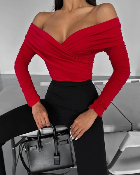 New Fashion V-Neck Off-Shoulder Spice Slim Splicing Long Sleeve Top CODE: KAR3805