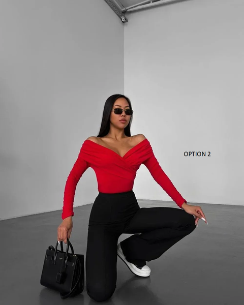 New Fashion V-Neck Off-Shoulder Spice Slim Splicing Long Sleeve Top CODE: KAR3805