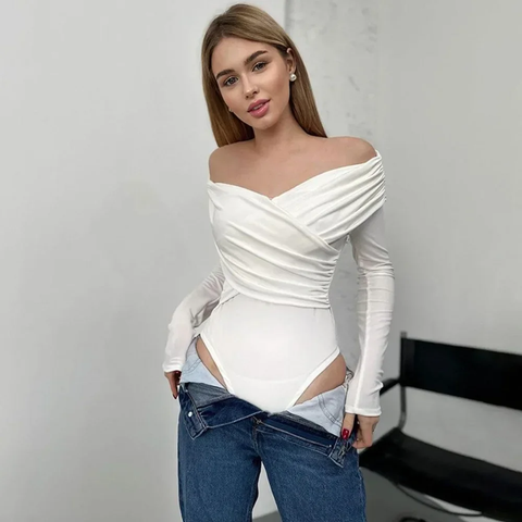 New Fashion V-Neck Off-Shoulder Spice Slim Splicing Long Sleeve Top CODE: KAR3805