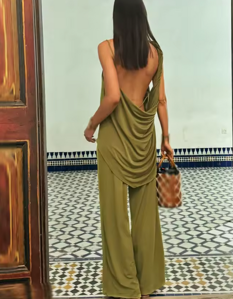 New Backless Top With Solid Wide-leg Pant Set CODE: KAR3901