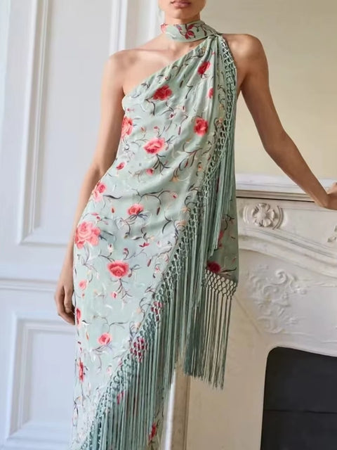 New Diagonal Collar Sleeveless High Waist Spliced Tassel Dresses CODE: KAR4021