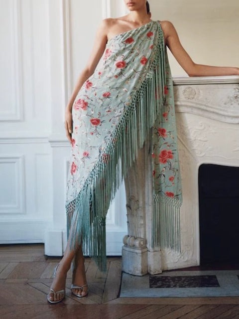 New Diagonal Collar Sleeveless High Waist Spliced Tassel Dresses CODE: KAR4021