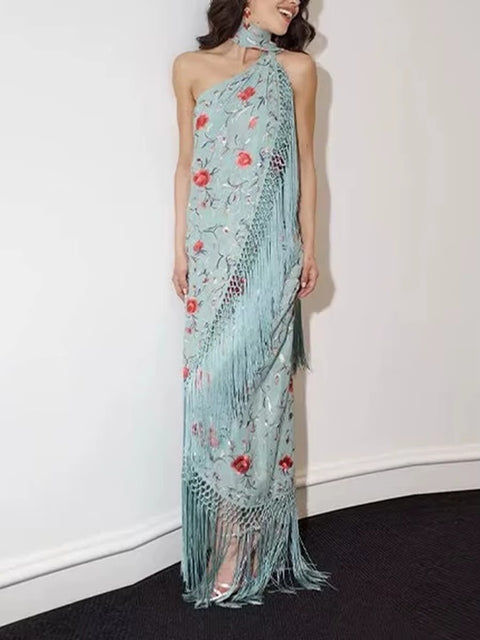 New Diagonal Collar Sleeveless High Waist Spliced Tassel Dresses CODE: KAR4021