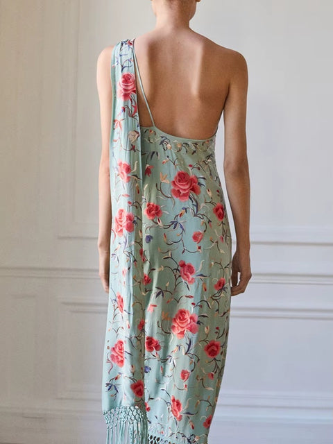 New Diagonal Collar Sleeveless High Waist Spliced Tassel Dresses CODE: KAR4021