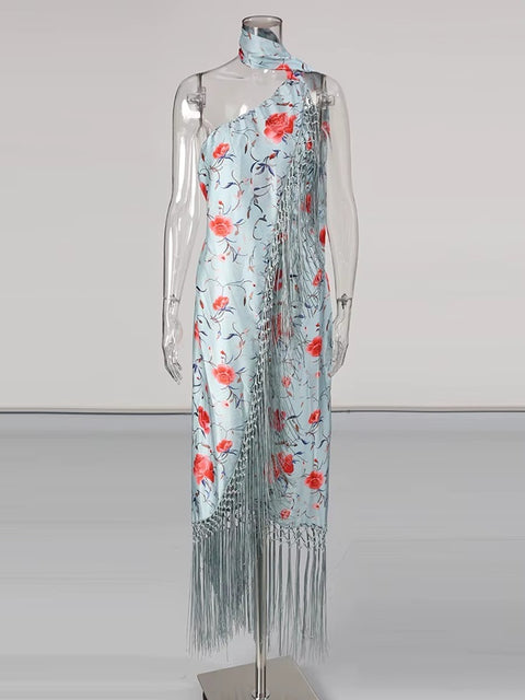 New Diagonal Collar Sleeveless High Waist Spliced Tassel Dresses CODE: KAR4021