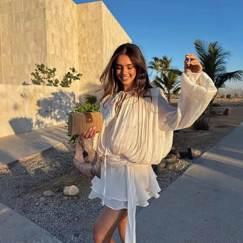 New Ruffled Short Skirt Pleated Long Sleeve Elegant Set CODE: KAR4023