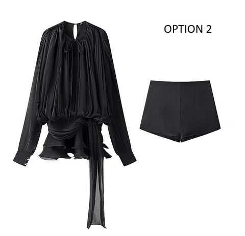 New Ruffled Short Skirt Pleated Long Sleeve Elegant Set CODE: KAR4023