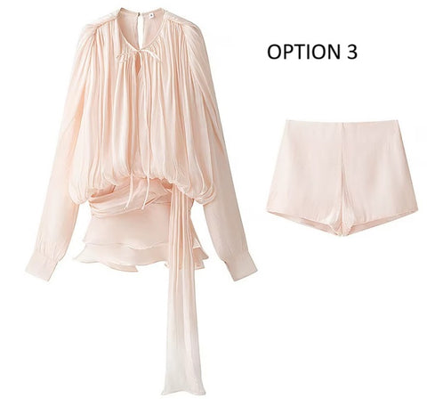 New Ruffled Short Skirt Pleated Long Sleeve Elegant Set CODE: KAR4023