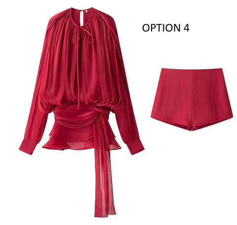 New Ruffled Short Skirt Pleated Long Sleeve Elegant Set CODE: KAR4023