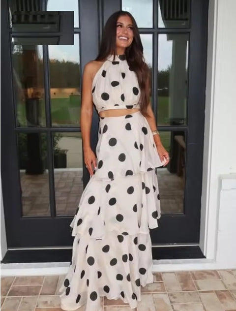 New Sleeveless Ruffles Long Skirt and Polka Dots Crop Top Set CODE: KAR4024