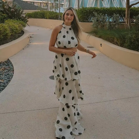 New Sleeveless Ruffles Long Skirt and Polka Dots Crop Top Set CODE: KAR4024