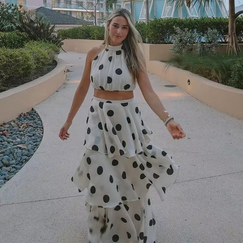 New Sleeveless Ruffles Long Skirt and Polka Dots Crop Top Set CODE: KAR4024