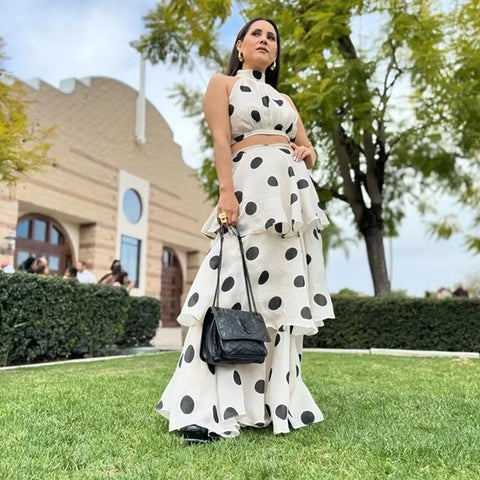 New Sleeveless Ruffles Long Skirt and Polka Dots Crop Top Set CODE: KAR4024