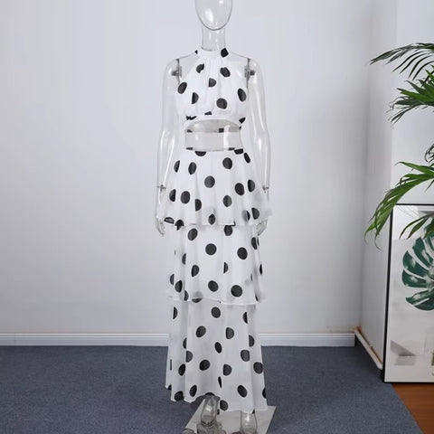 New Sleeveless Ruffles Long Skirt and Polka Dots Crop Top Set CODE: KAR4024