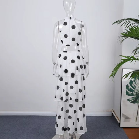 New Sleeveless Ruffles Long Skirt and Polka Dots Crop Top Set CODE: KAR4024