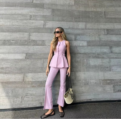 New O-neck Sleeveless Casual Top and High Waist Straight Pant Set CODE: KAR4026