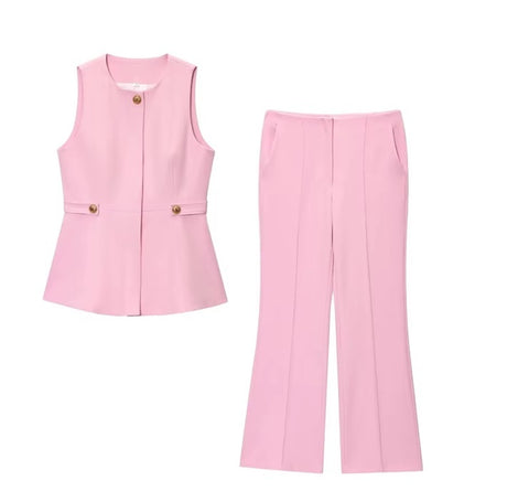 New O-neck Sleeveless Casual Top and High Waist Straight Pant Set CODE: KAR4026