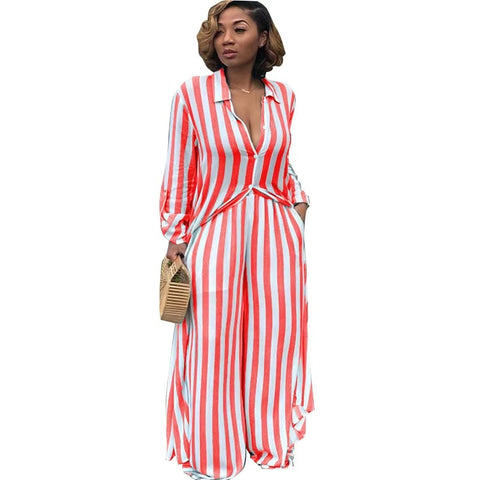 striped print loose long shirt wide leg pants two set CODE: mon1073