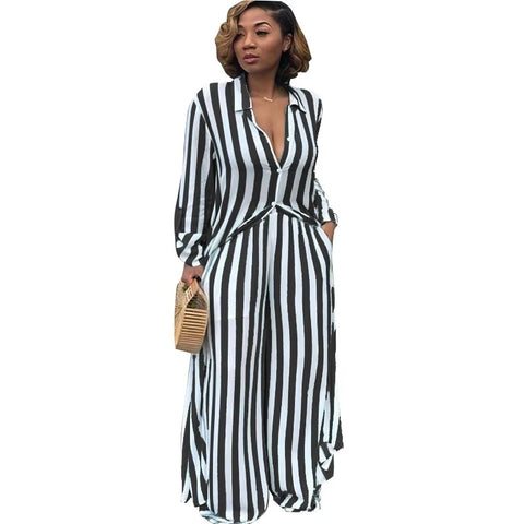 striped print loose long shirt wide leg pants two set CODE: mon1073