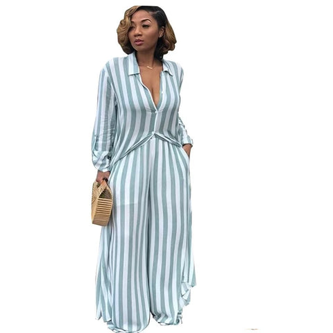 striped print loose long shirt wide leg pants two set CODE: mon1073