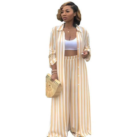 striped print loose long shirt wide leg pants two set CODE: mon1073