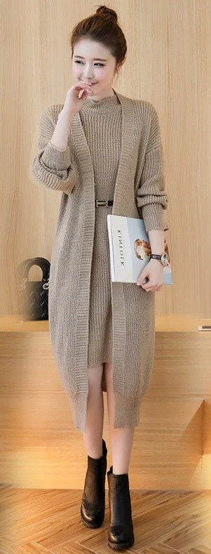 two-piece cardigan long paragraph crew neck sweater Dress CODE: mon757