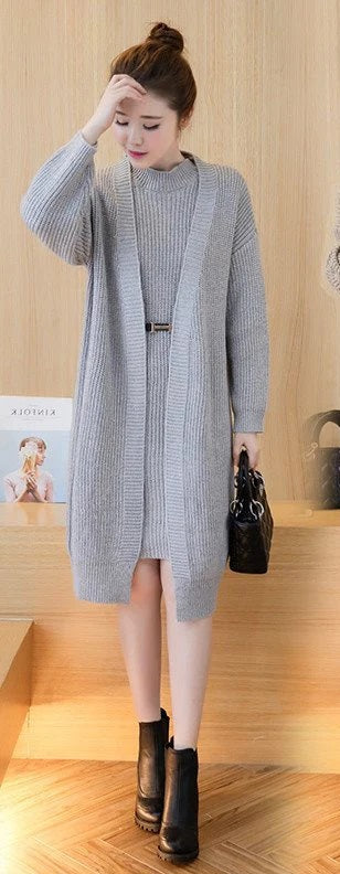 two-piece cardigan long paragraph crew neck sweater Dress CODE: mon757