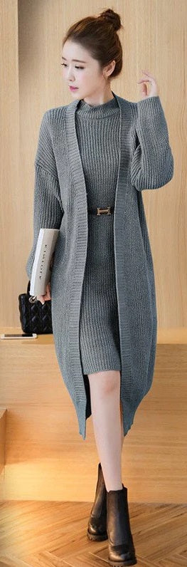 two-piece cardigan long paragraph crew neck sweater Dress CODE: mon757